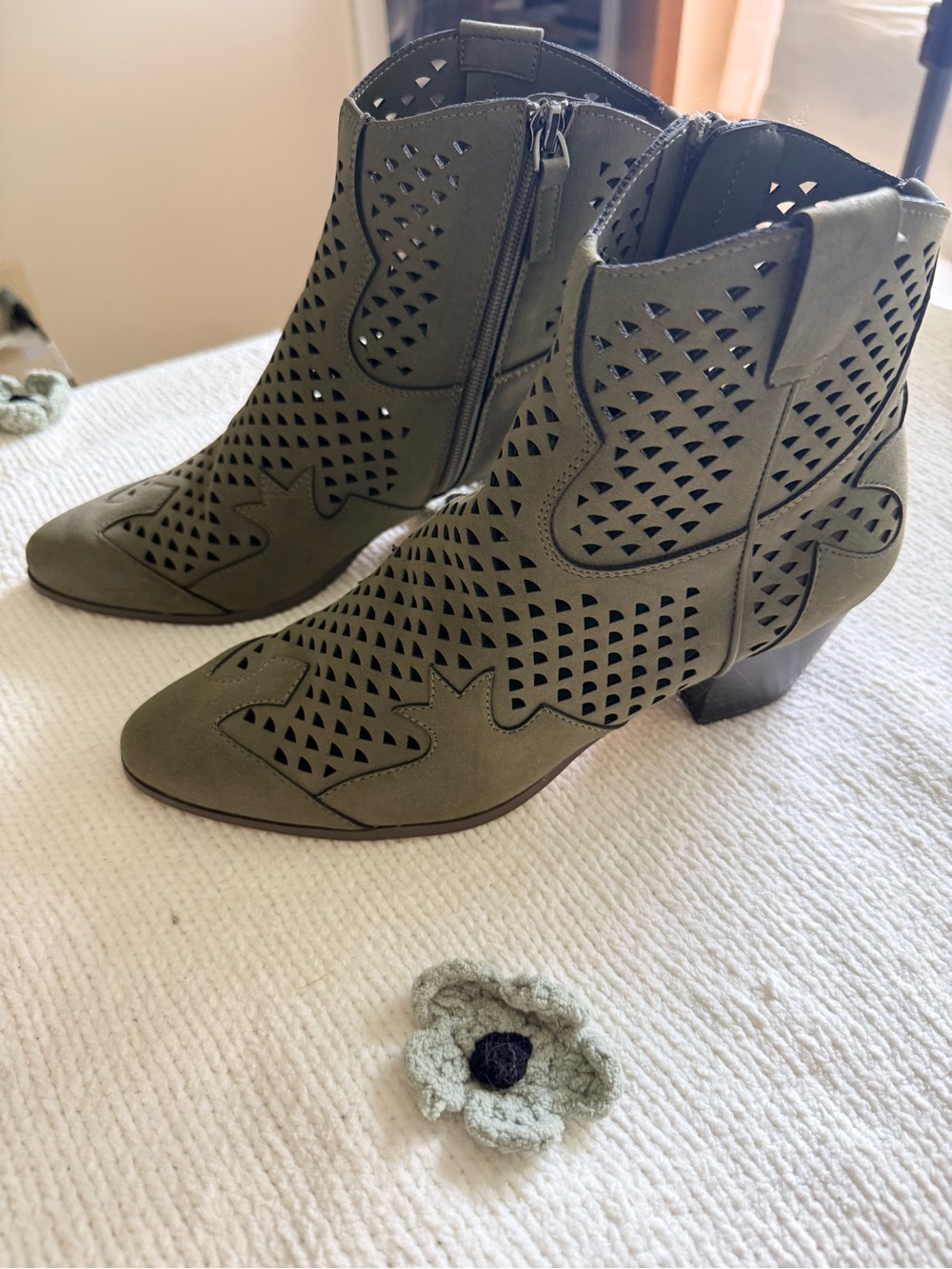 Perforated Olive Suede Ankle Booties with Side Zip
